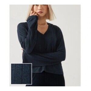 Athleta Harmony Pose Sweater Small Blue Ribbed Hooded VNeck Long Sleeve Pullover